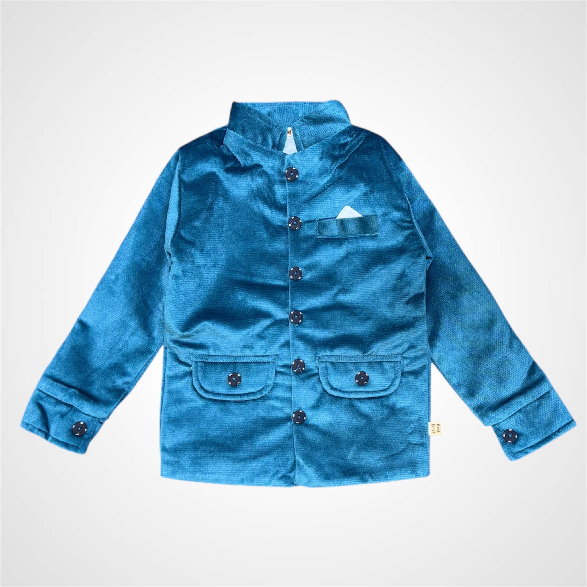Young boy wearing a Teal Velvet Prince Coat with a Bandhgala collar. Kids luxury festive wear jacket in Peacock Blue