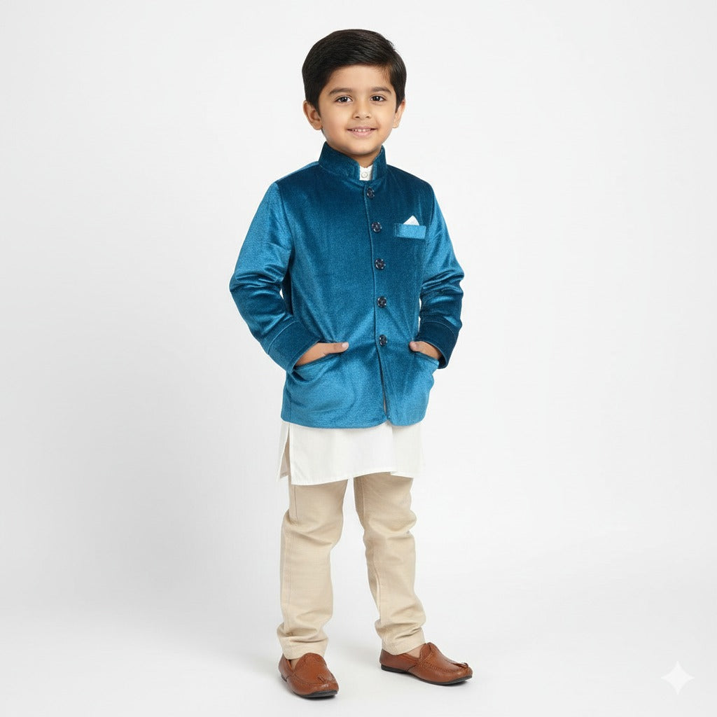 Young boy wearing a Teal Velvet Prince Coat with a Bandhgala collar. Kids luxury festive wear jacket in Peacock Blue