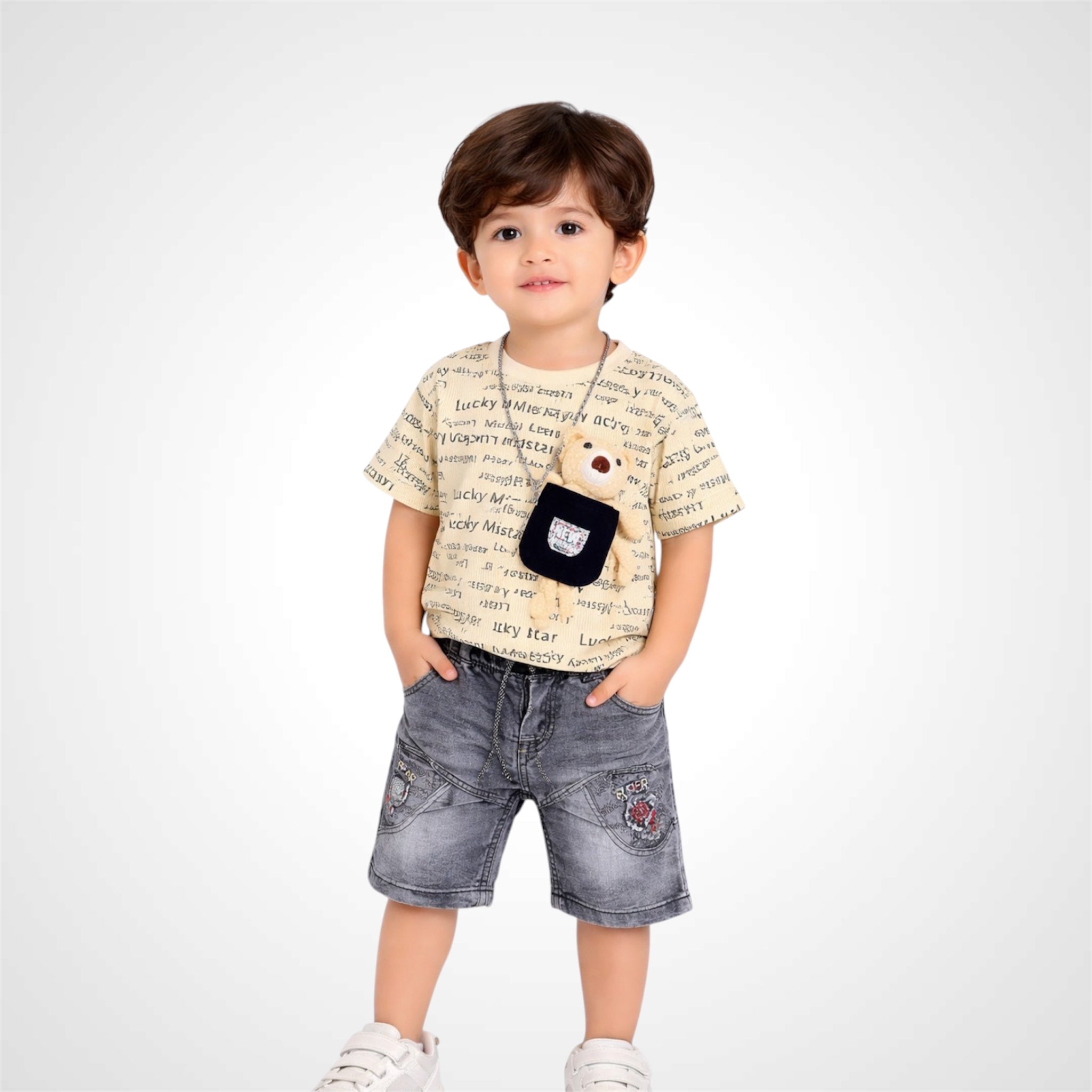 Child wearing a patterned shirt and denim shorts on a white background