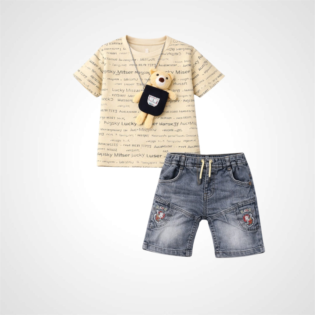 Children's t-shirt with teddy bear graphic and denim shorts on a white background