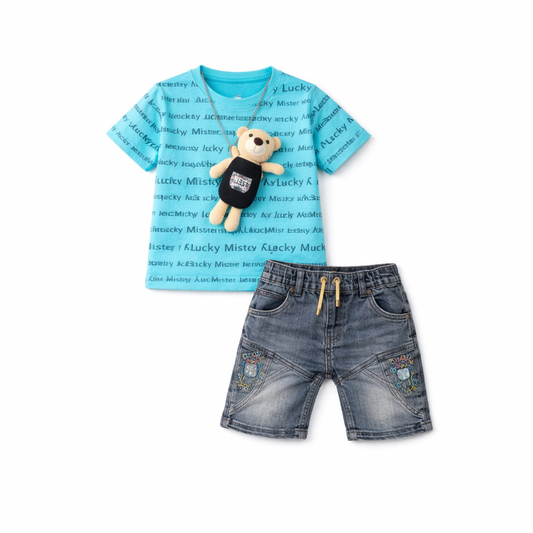 Children's blue t-shirt with text and bear plush toy, paired with denim shorts on a white background.