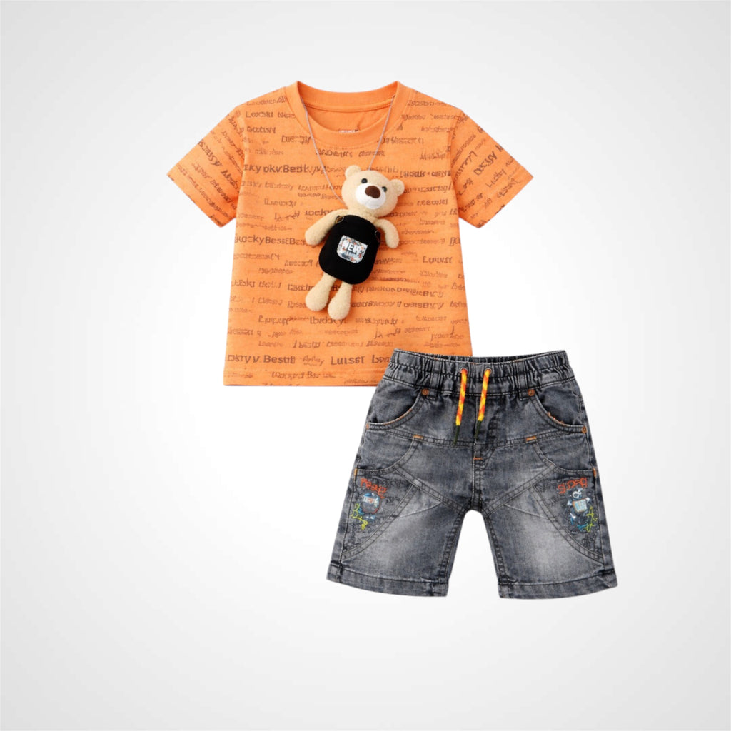 Children's outfit with orange t-shirt and denim shorts on a white background