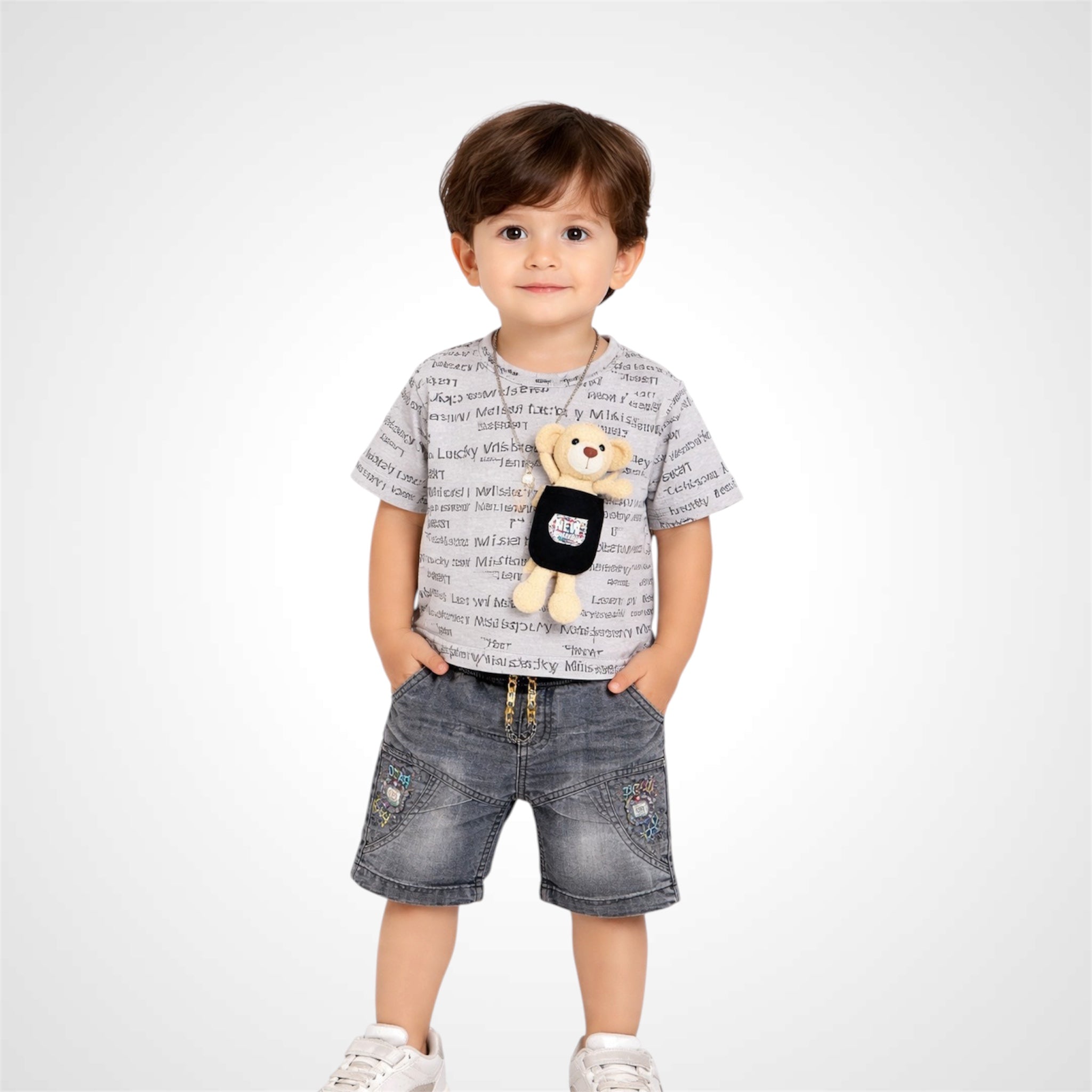 Child wearing a patterned shirt and denim shorts holding a teddy bear on a white background