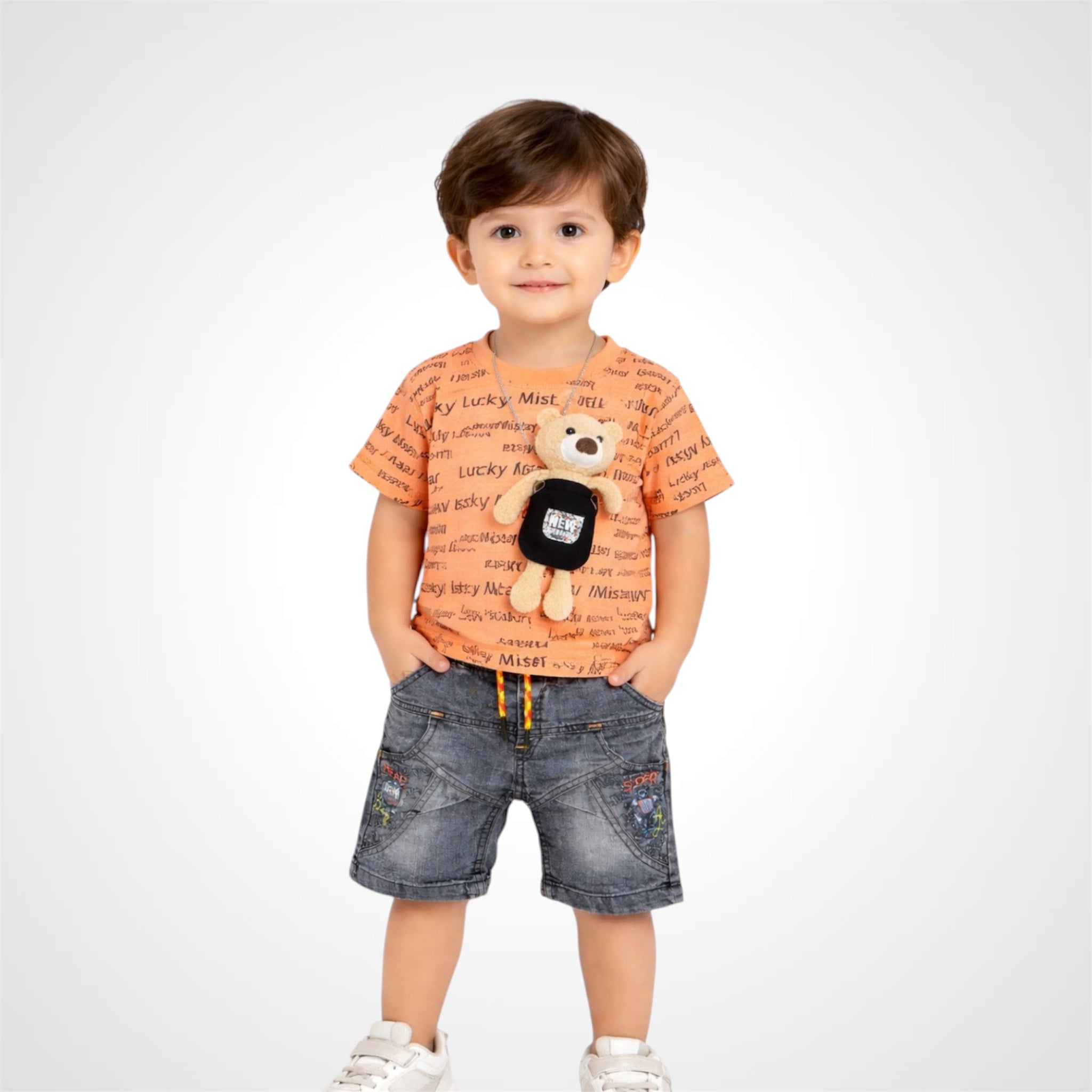 Child wearing an orange t-shirt with text and denim shorts, holding a teddy bear on a white background