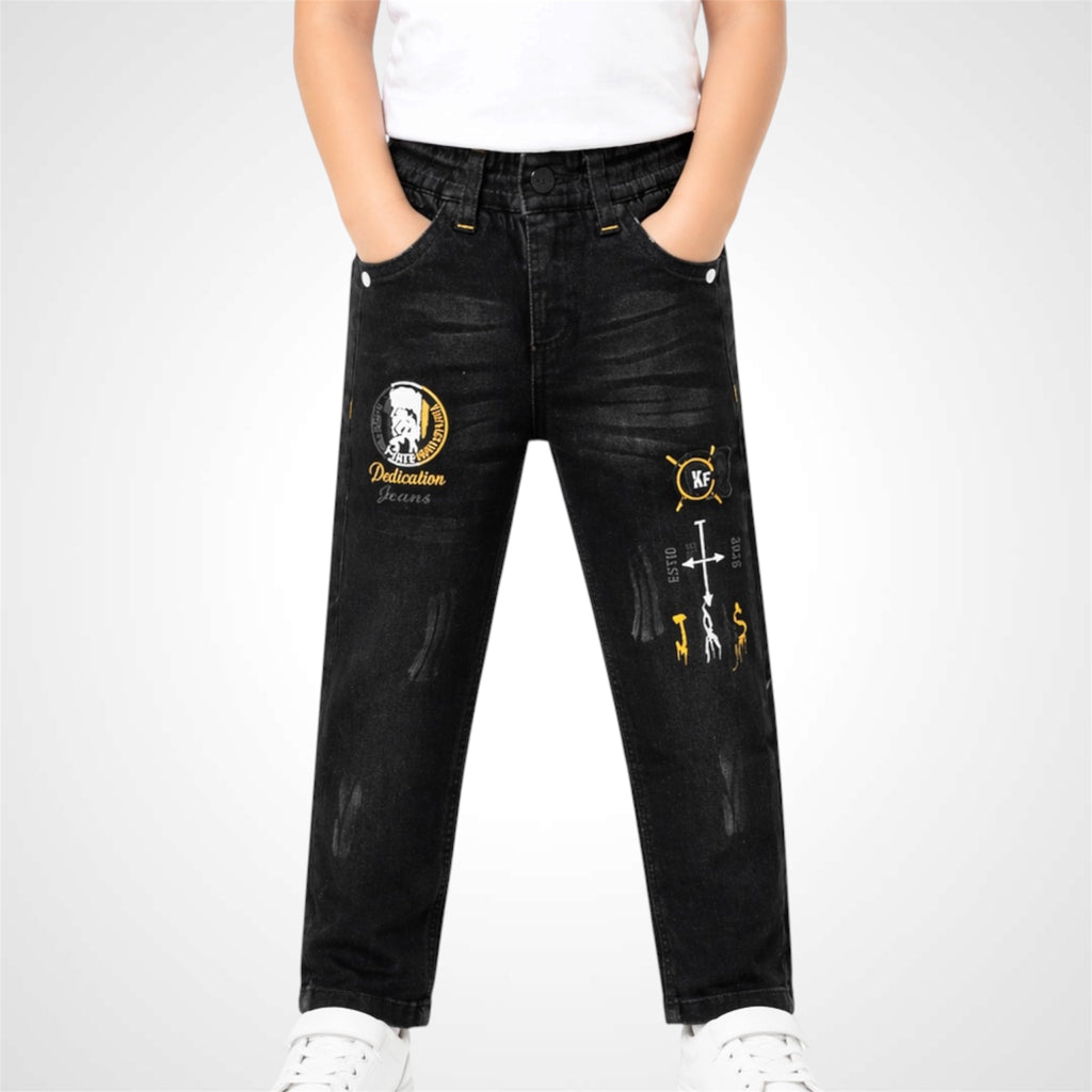 Black jeans with yellow designs and text on a white background