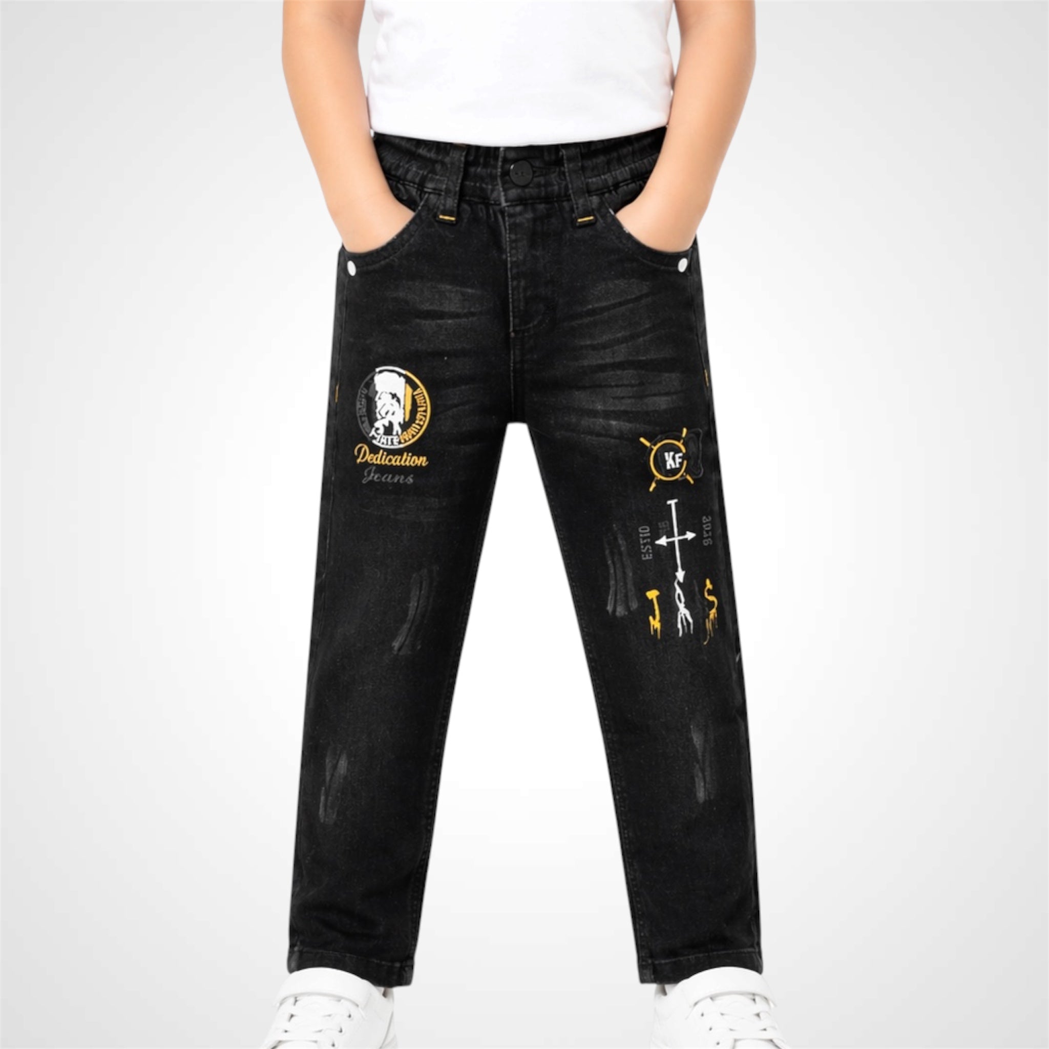 Black jeans with yellow designs and text on a white background