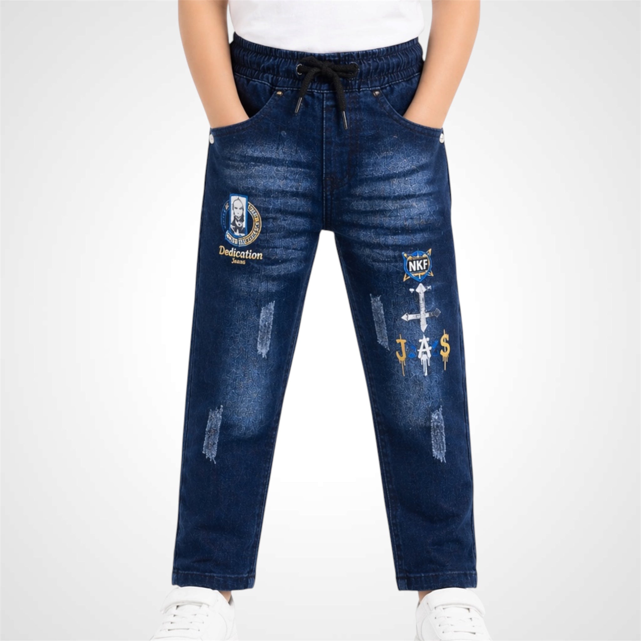 Blue jeans with patches and text on a white background