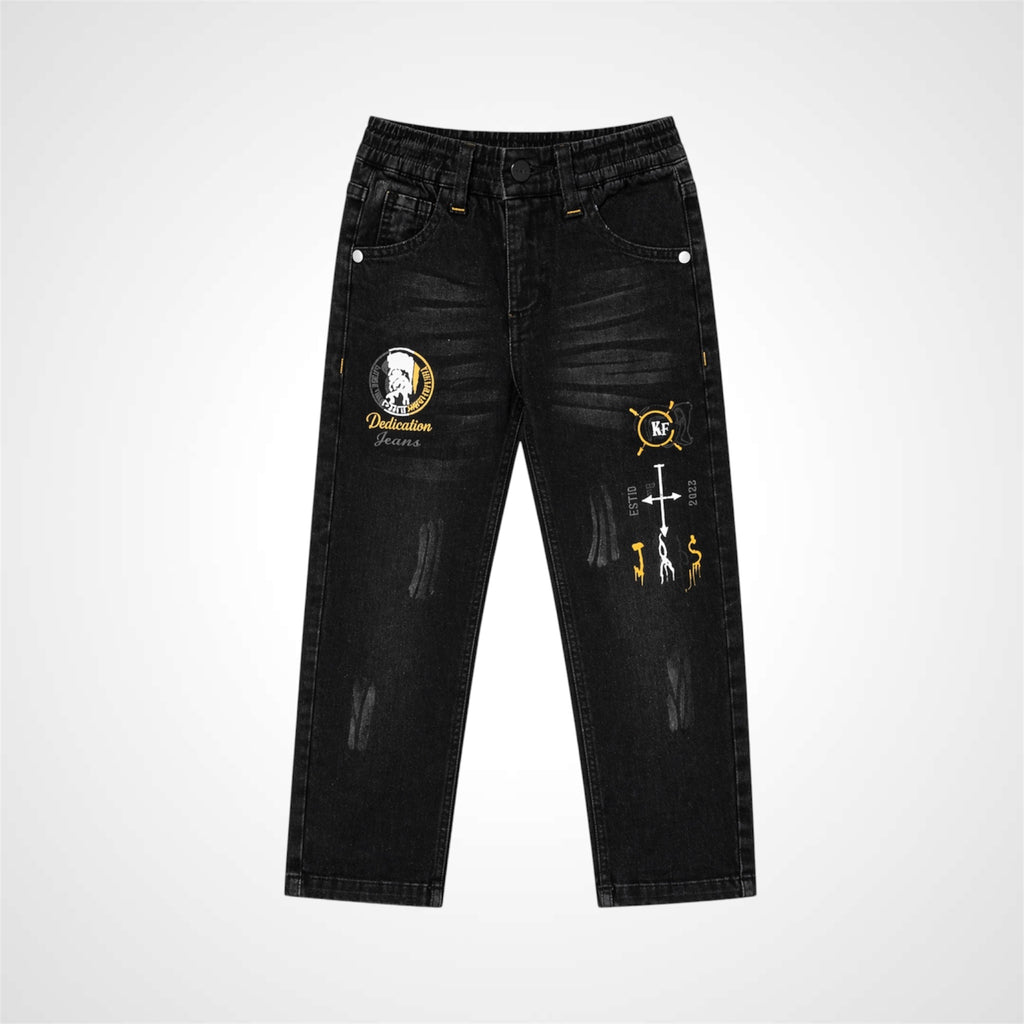 Black distressed jeans with patches on a white background