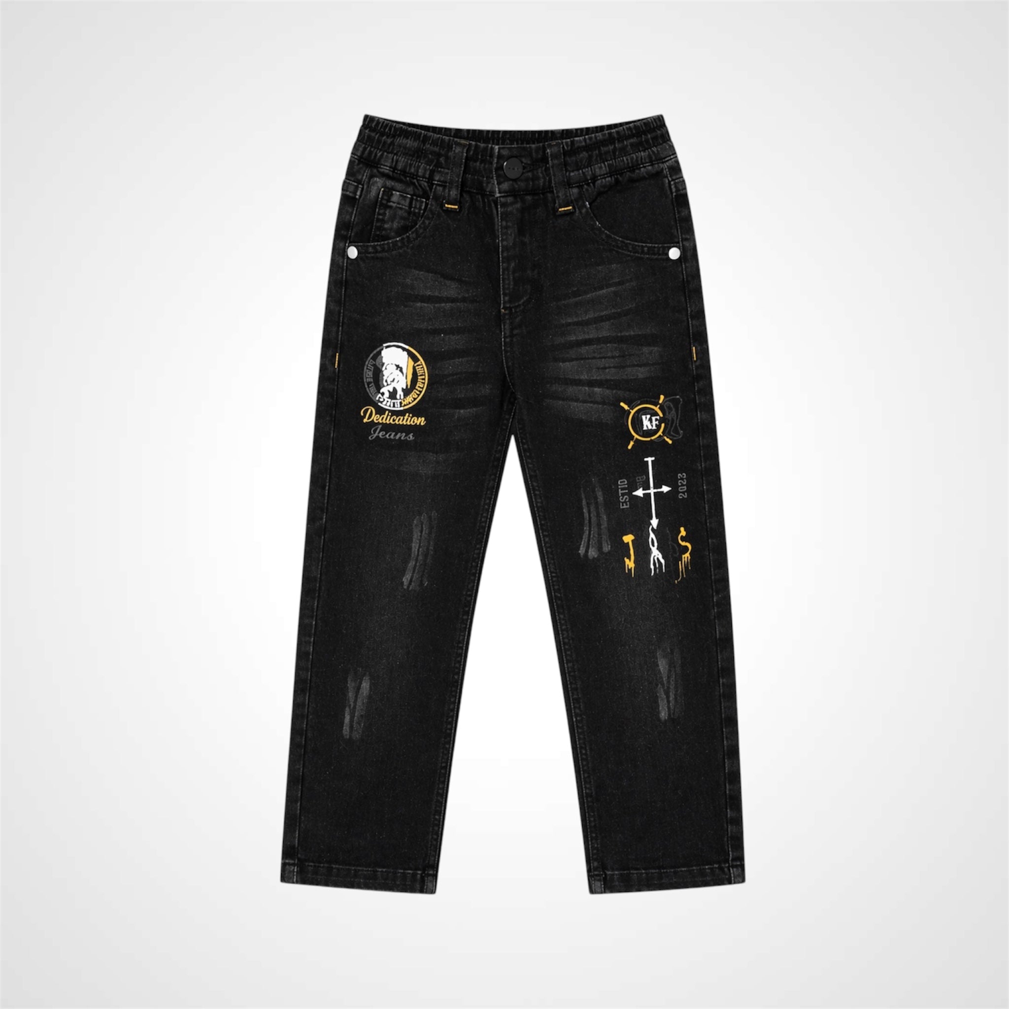 Black distressed jeans with patches on a white background