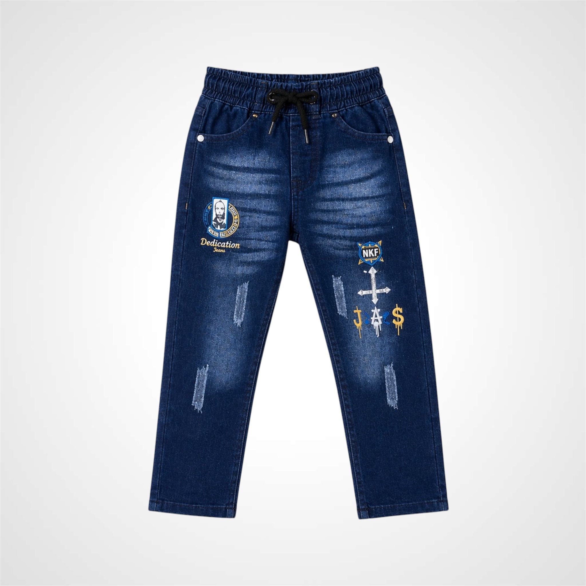 Blue jeans with patches and branding on a white background