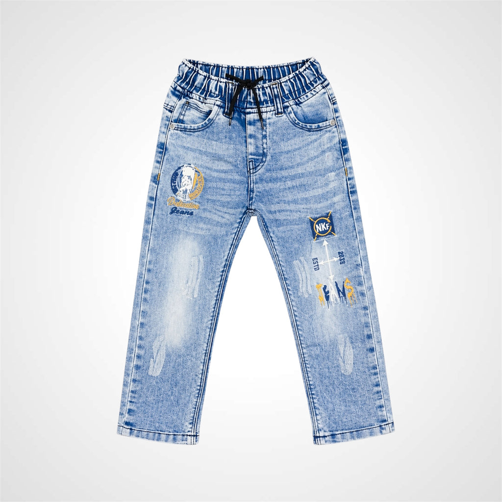 Light blue denim jeans with patches on a white background