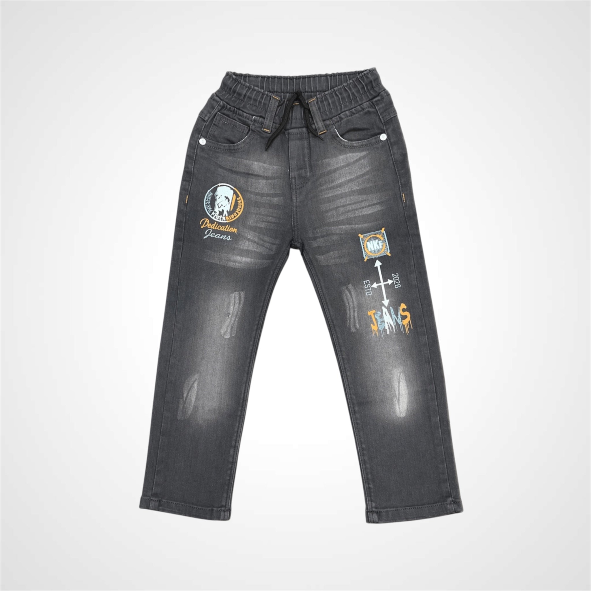 Black distressed jeans with patches on a white background