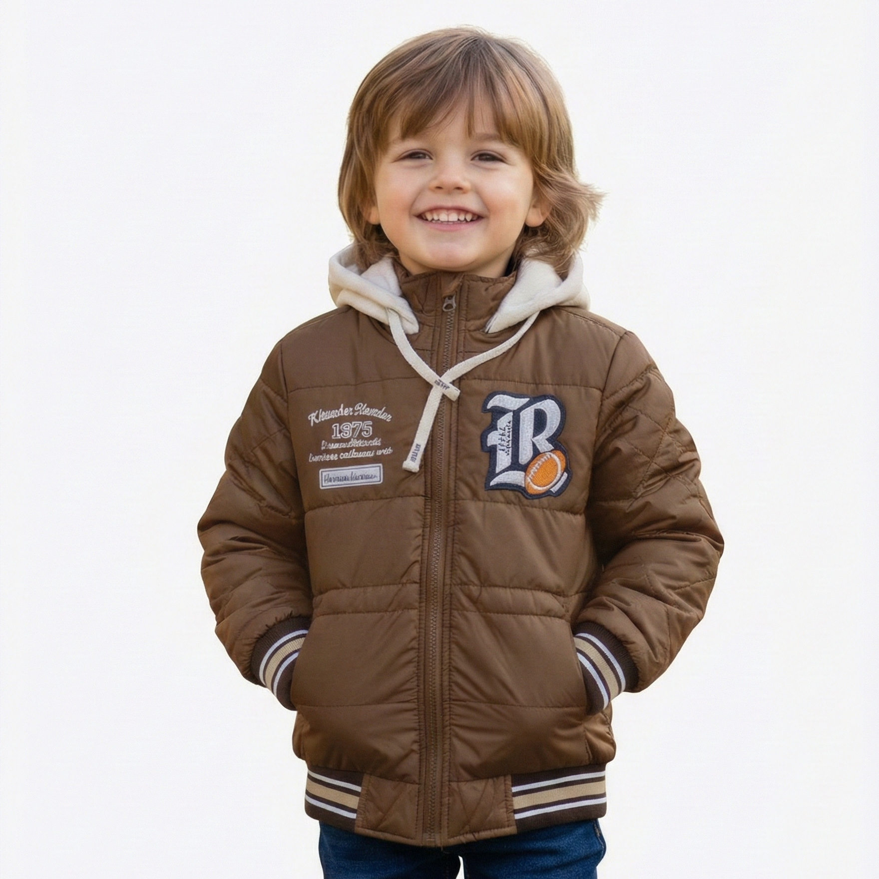 Varsity Style Premium Quilted Puffer Jacket with Hood showing varsity patch and ribbed cuffs for boys brown
