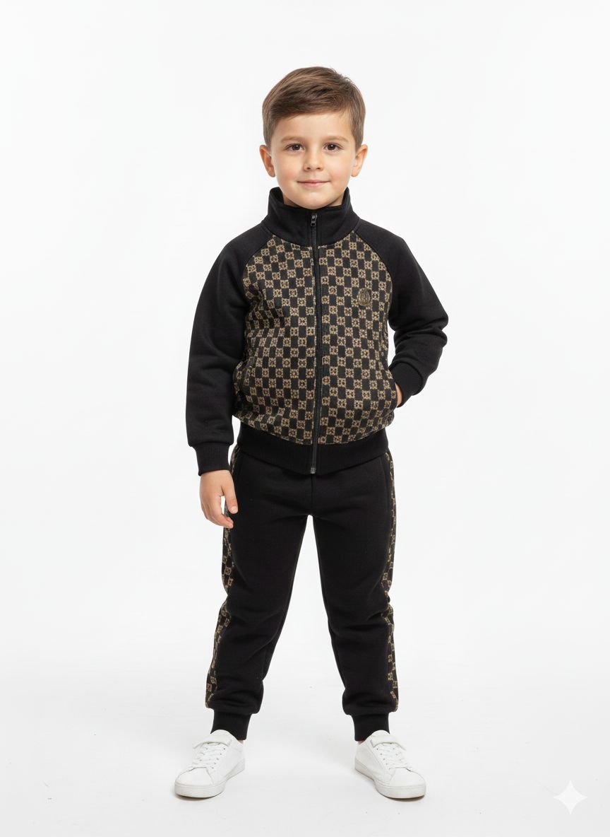 Kids Premium Printed Fleece Tracksuit - Stylish Black & Brown Checkered Design