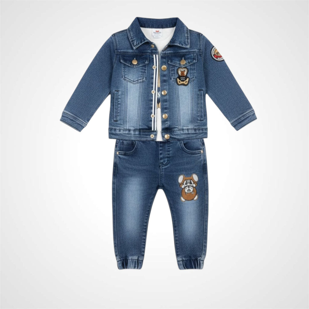 Boys Premium Denim Jacket & Jogger Set - 3-Piece Stylish Jeans Outfit with Bear Patch