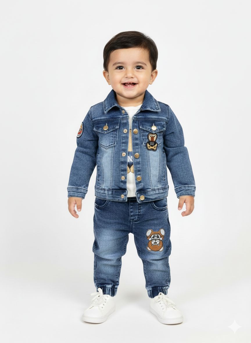 Boys Premium Denim Jacket & Jogger Set - 3-Piece Stylish Jeans Outfit with Bear Patch