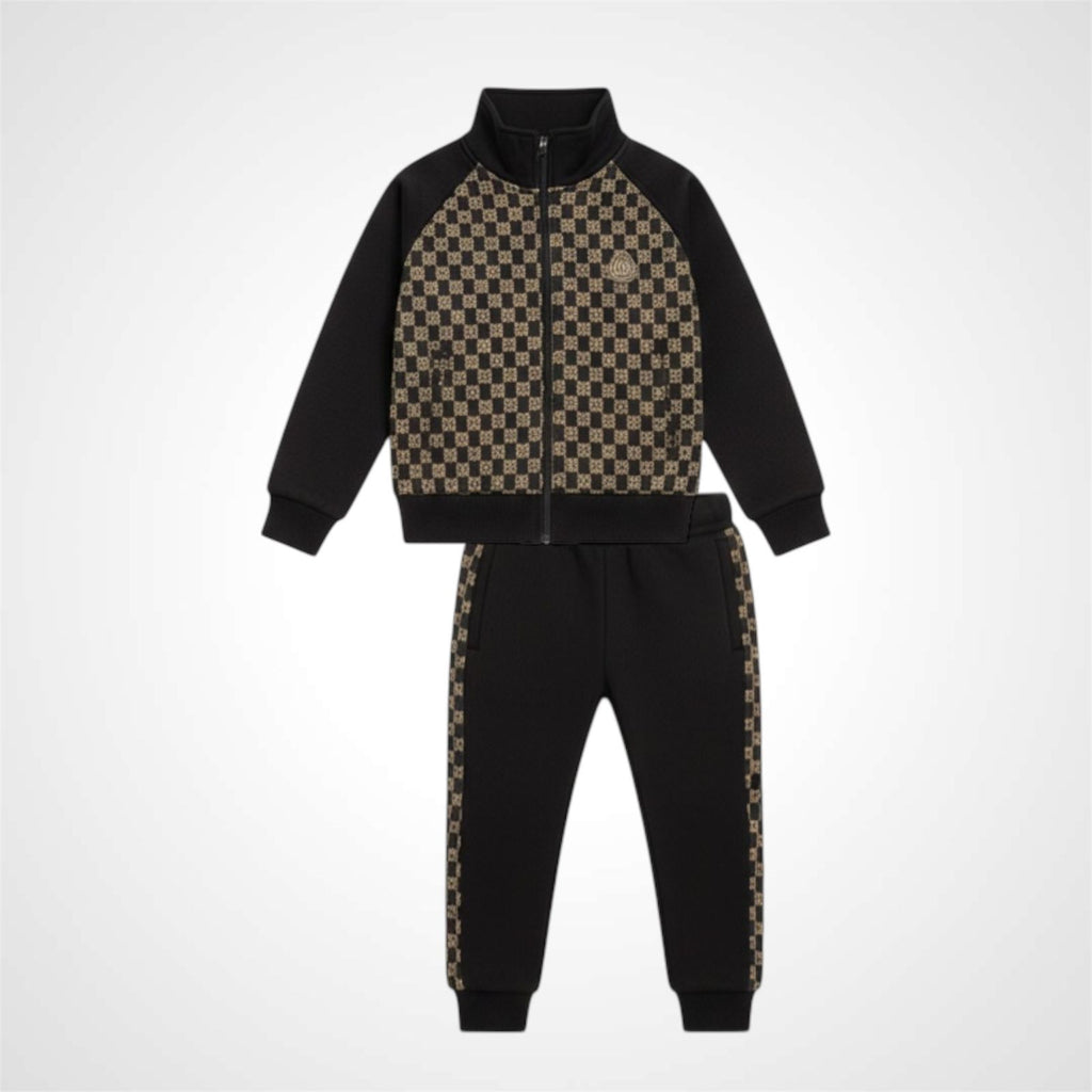 Kids Premium Printed Fleece Tracksuit - Stylish Black & Brown Checkered Design