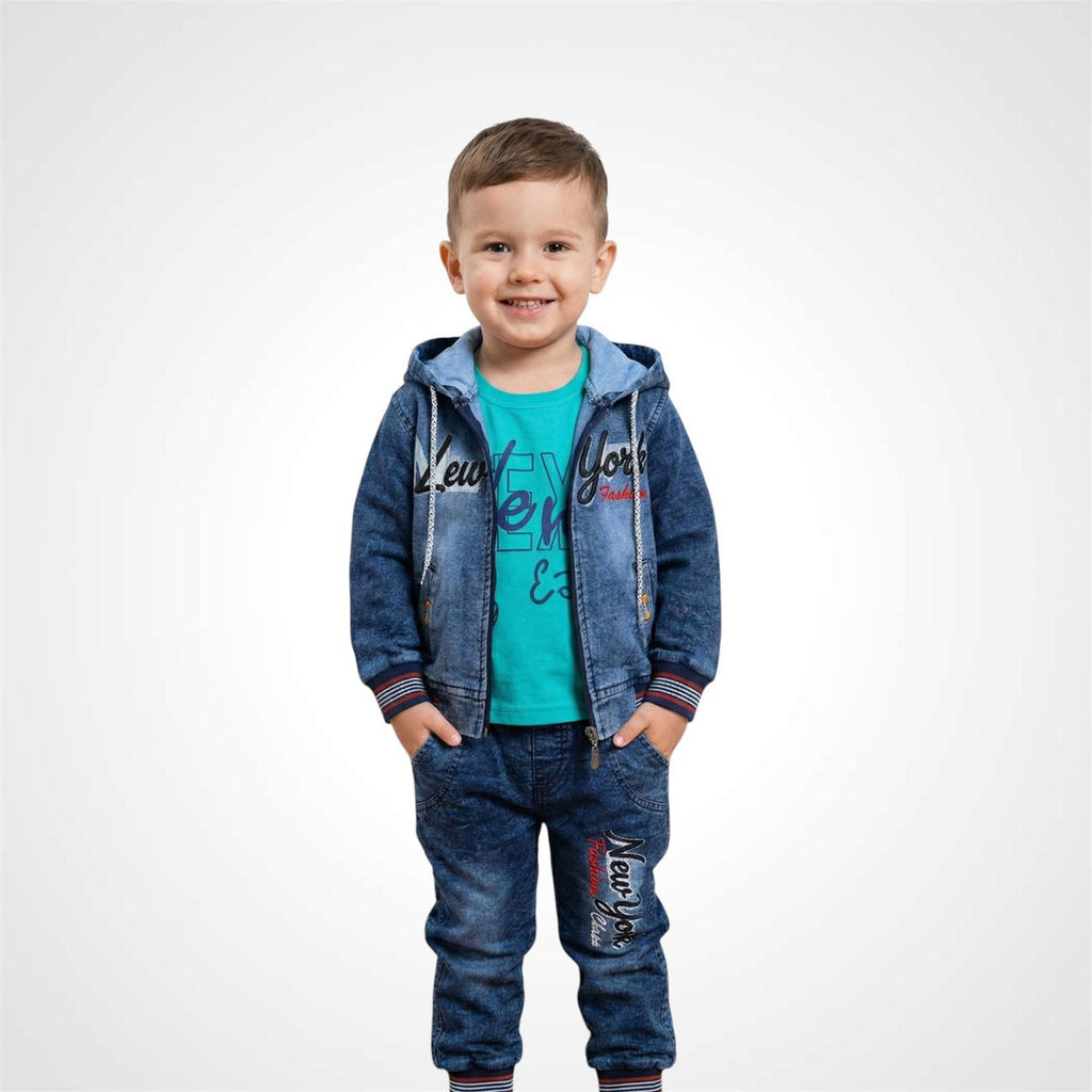 Trendy 3-in-1 Kids Set: Hooded Denim-Style Jacket, Matching Joggers aur Inner T-Shirt