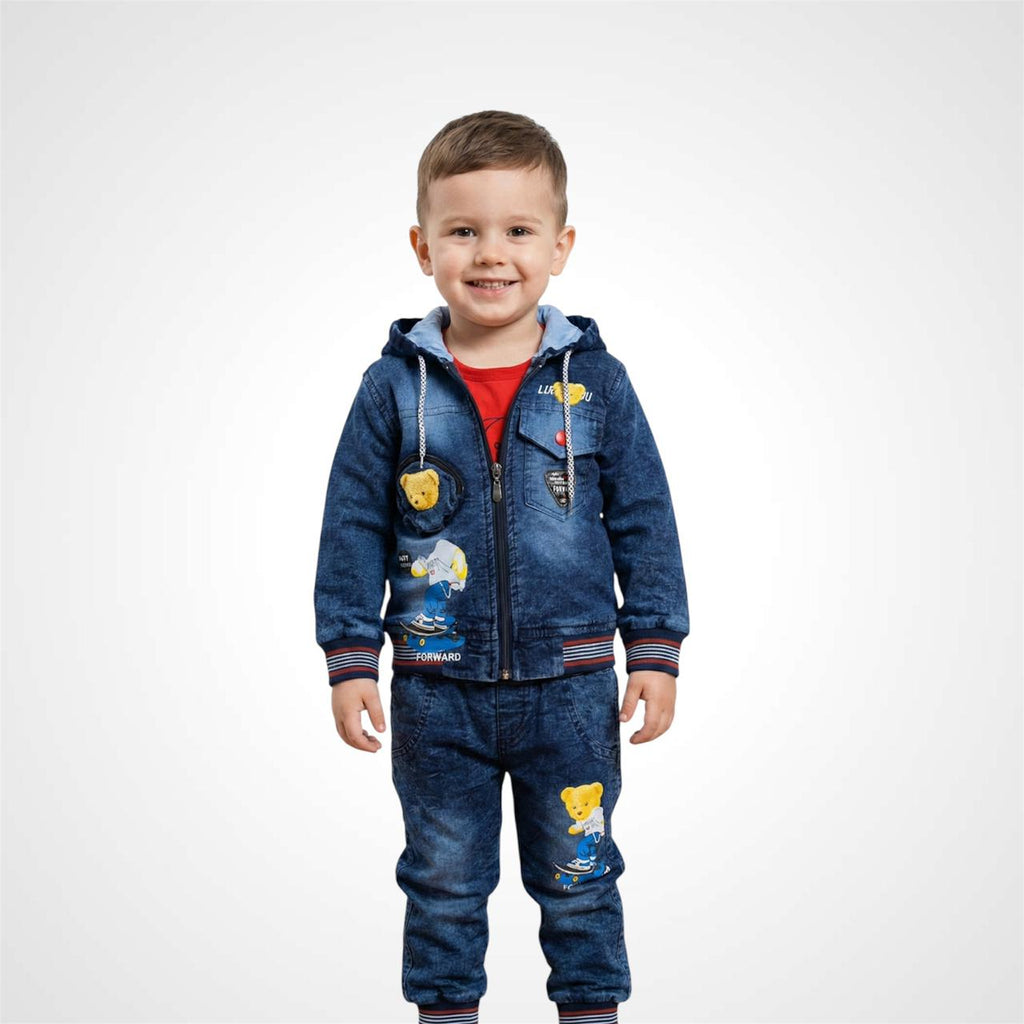 Toddler 3-Piece Playful Patch Set: Hooded Denim-Look Jacket, Joggers, & Inner Tee