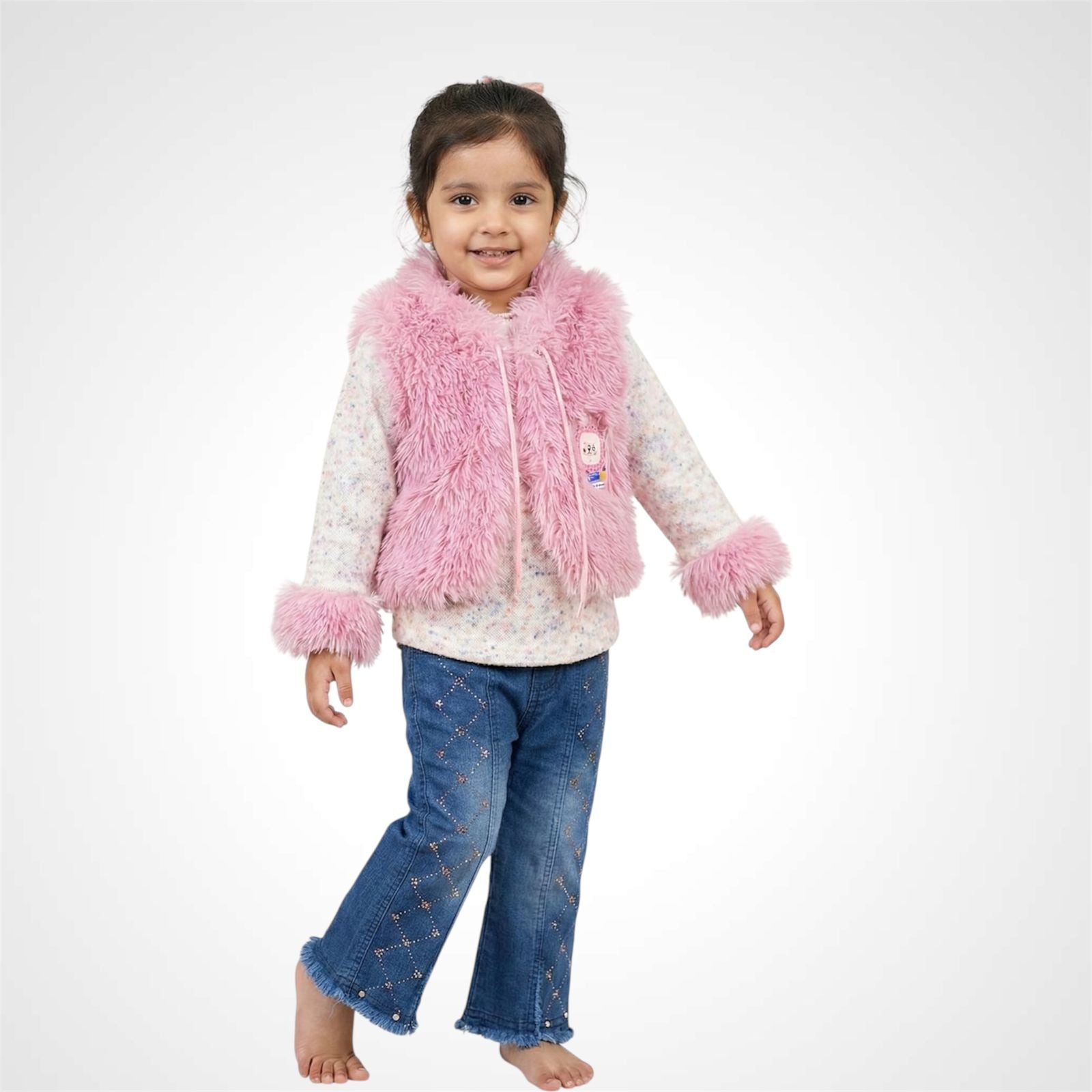 Girls' Premium Pink Faux Fur Winter Set | 3-Piece Vest, Top & Jeans