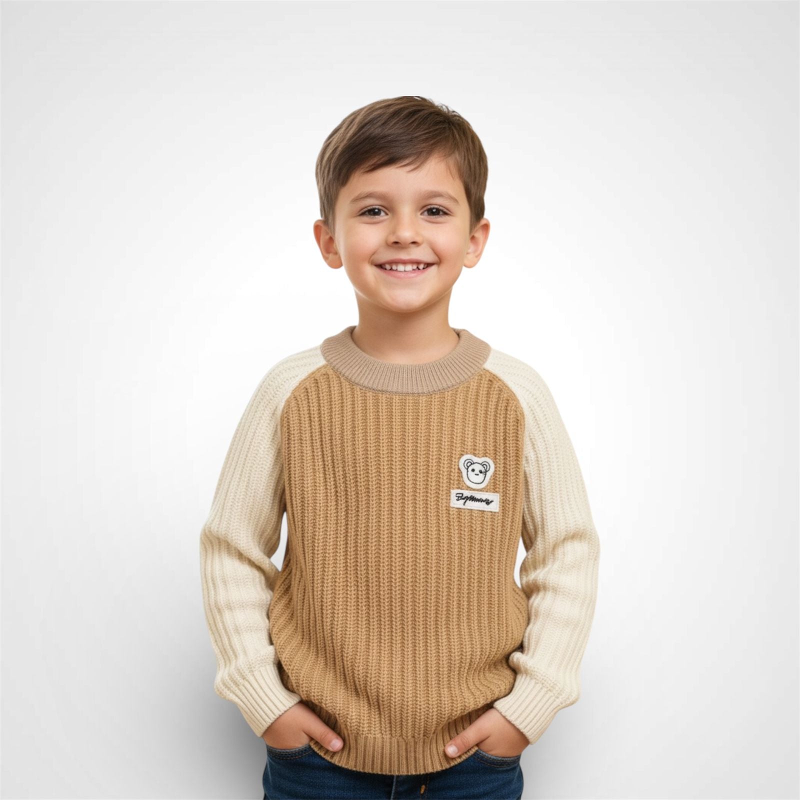 Cozy Two-Tone Raglan Kids' Sweater with Bear Patch - Tan & Cream