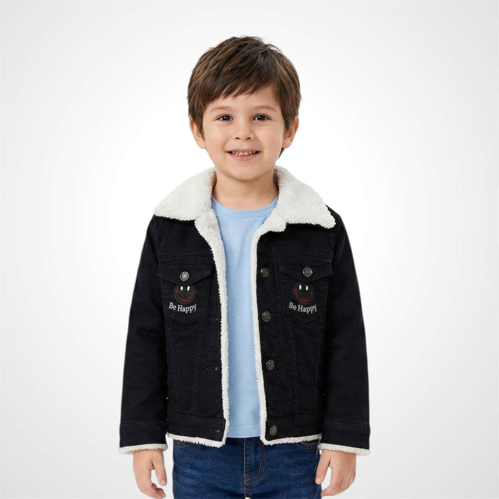 Premium Sherpa-Lined Denim Jacket with 'Be Happy' Embroidery