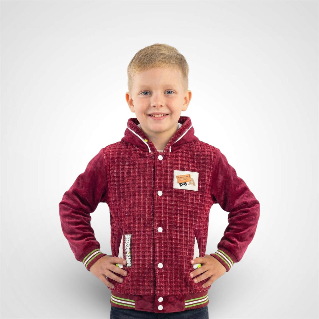 Boys' Maroon Velvet and Textured Bomber Jacket with Hood