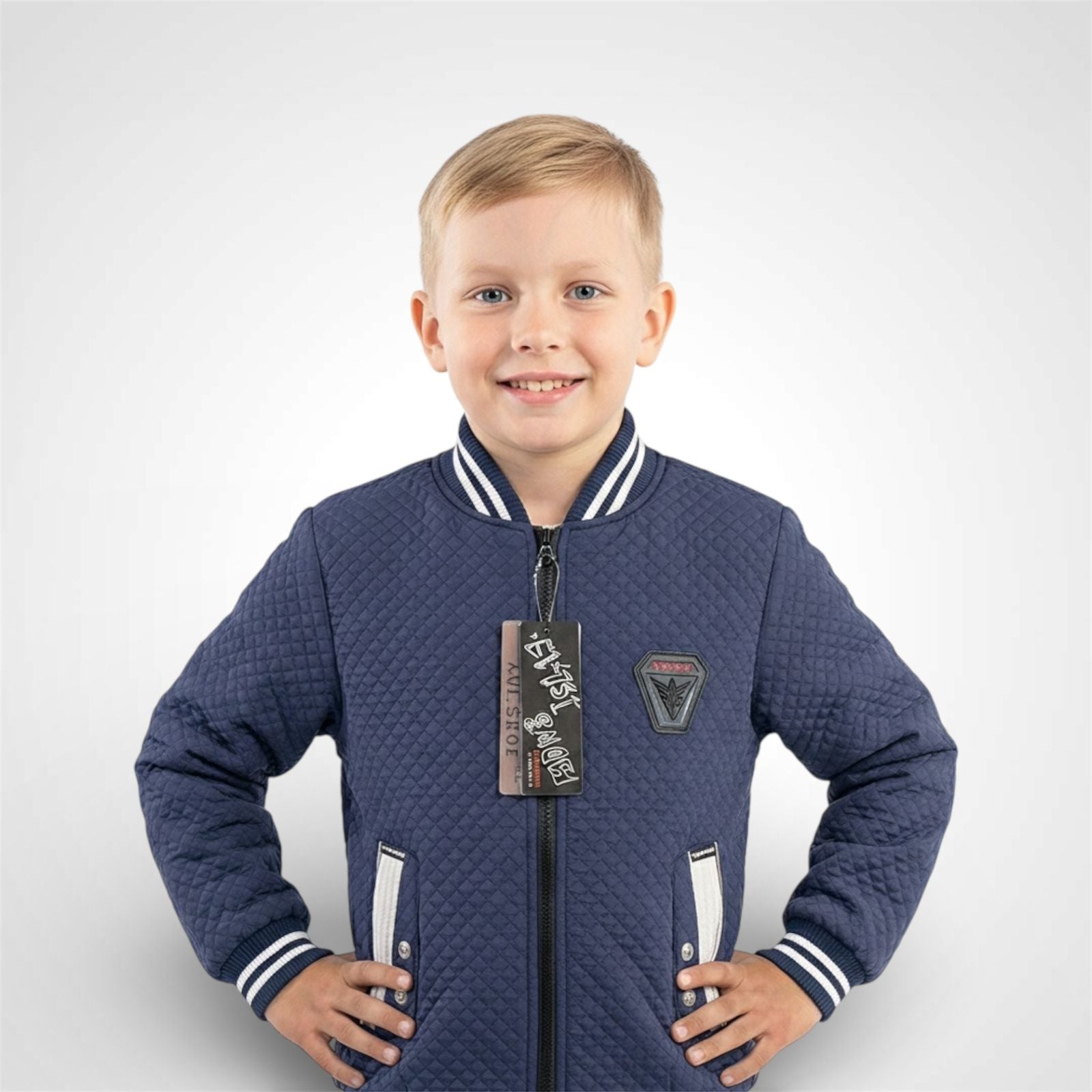 Boys' Quilted Bomber Jacket in Brown with Varsity Stripes