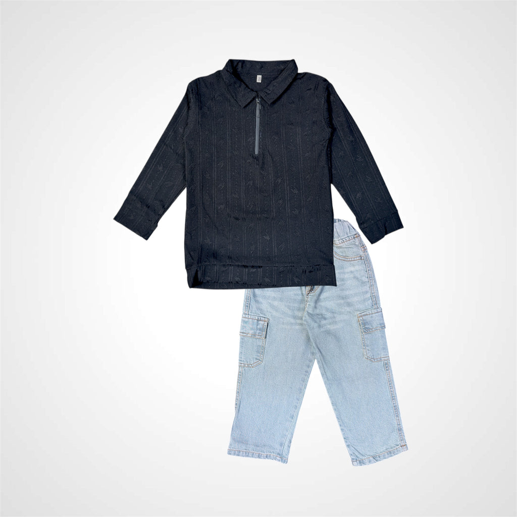 Kids SuitsATM JEANSoption1Stylish Boys' Beige Patterned Zip - Up Shirt and Baggy Jeans Set - ATM JEANS