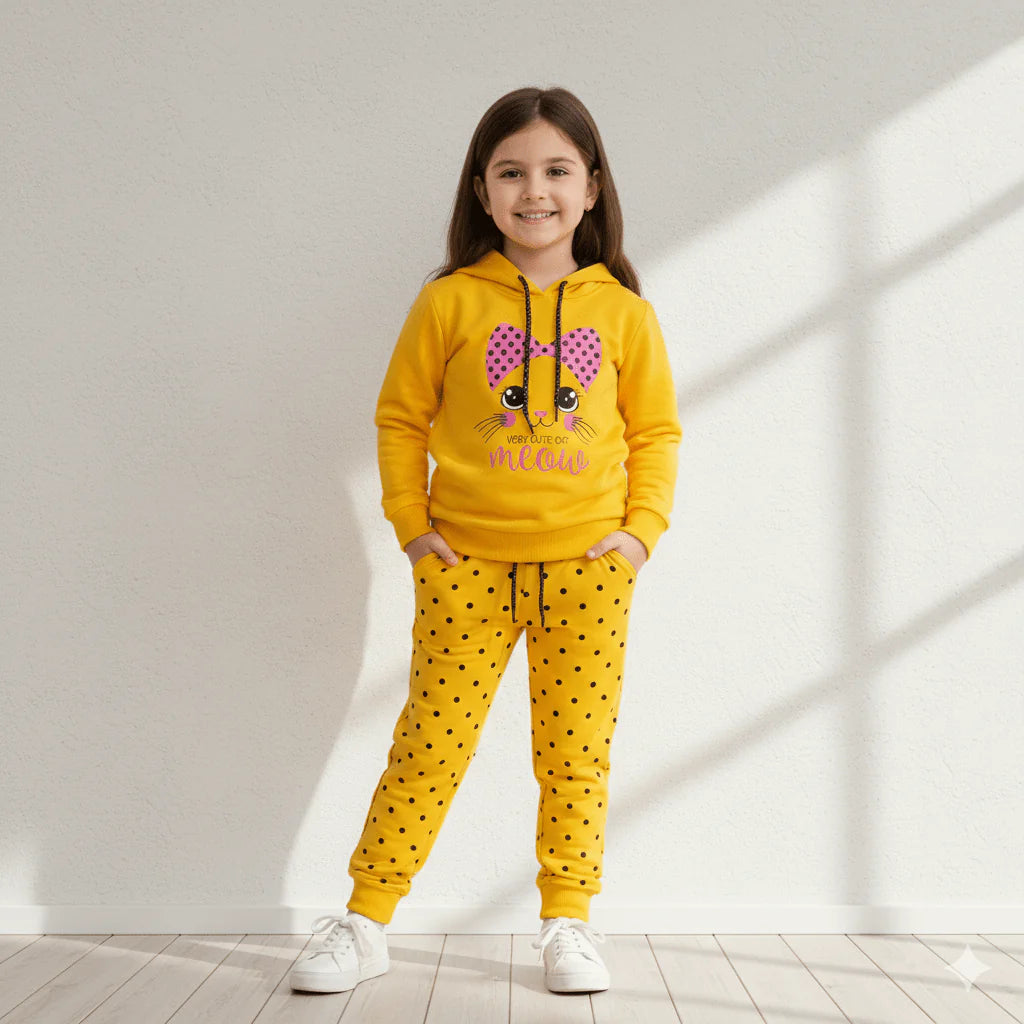 Adorable Kids' Cat Print Hooded Tracksuit - Stylish 2-Piece Jogger Set