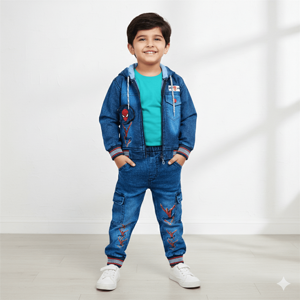 Kids SuitsATM JEANSoption1Kids Spider - Man Hooded Denim Suit – Jacket and Pants Set for Boys - ATM JEANS