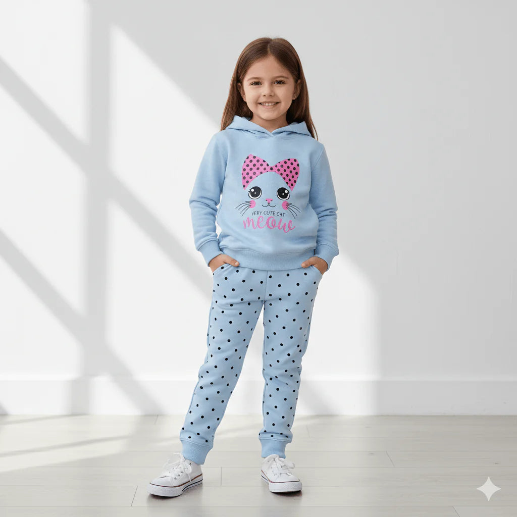 Adorable Kids' Cat Print Hooded Tracksuit - Stylish 2-Piece Jogger Set