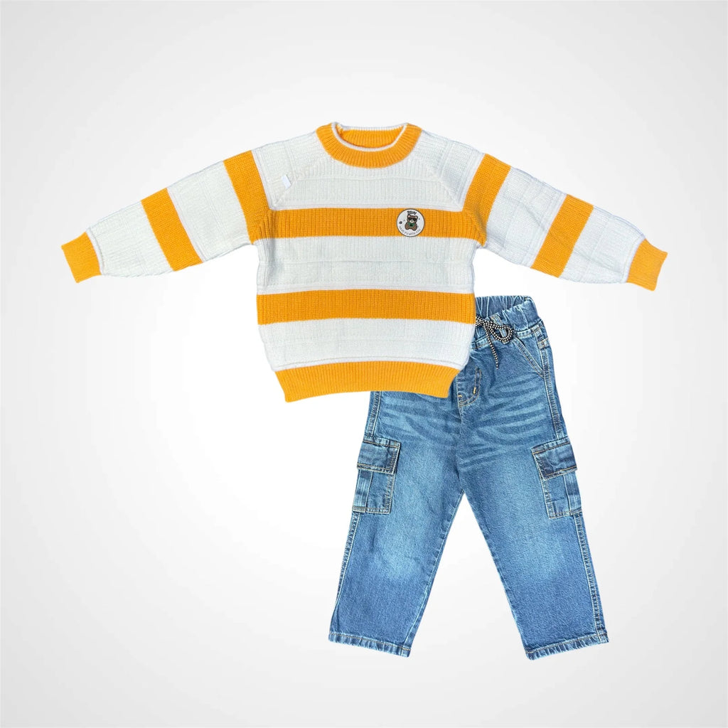 Boys' Warm Multi-Stripe Sweater and Blue Denim Cargo Jeans Set