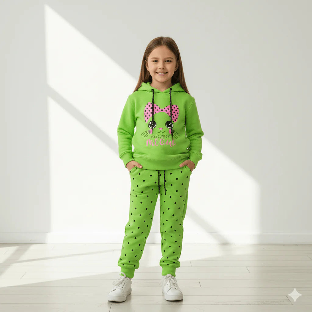 Adorable Kids' Cat Print Hooded Tracksuit - Stylish 2-Piece Jogger Set