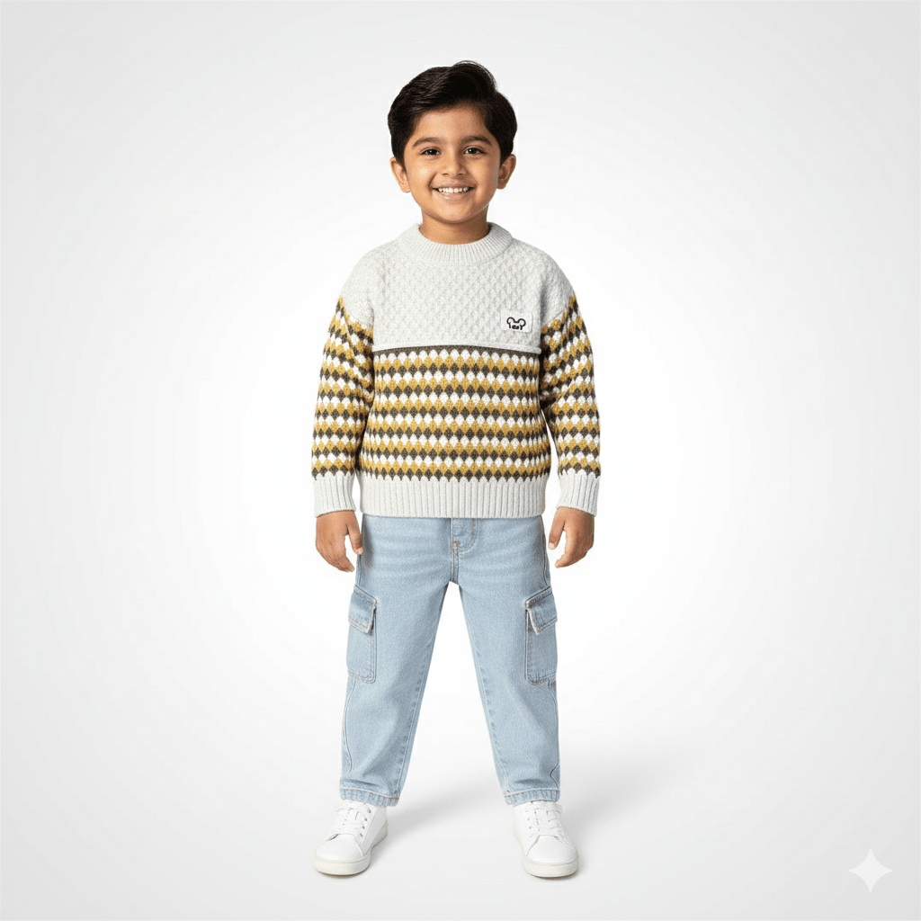 Kids SuitsATM JEANSoption1Kids' Stylish Color - Block Sweater (CHN Print) and Blue Ribbed Jeans Combo - ATM JEANS