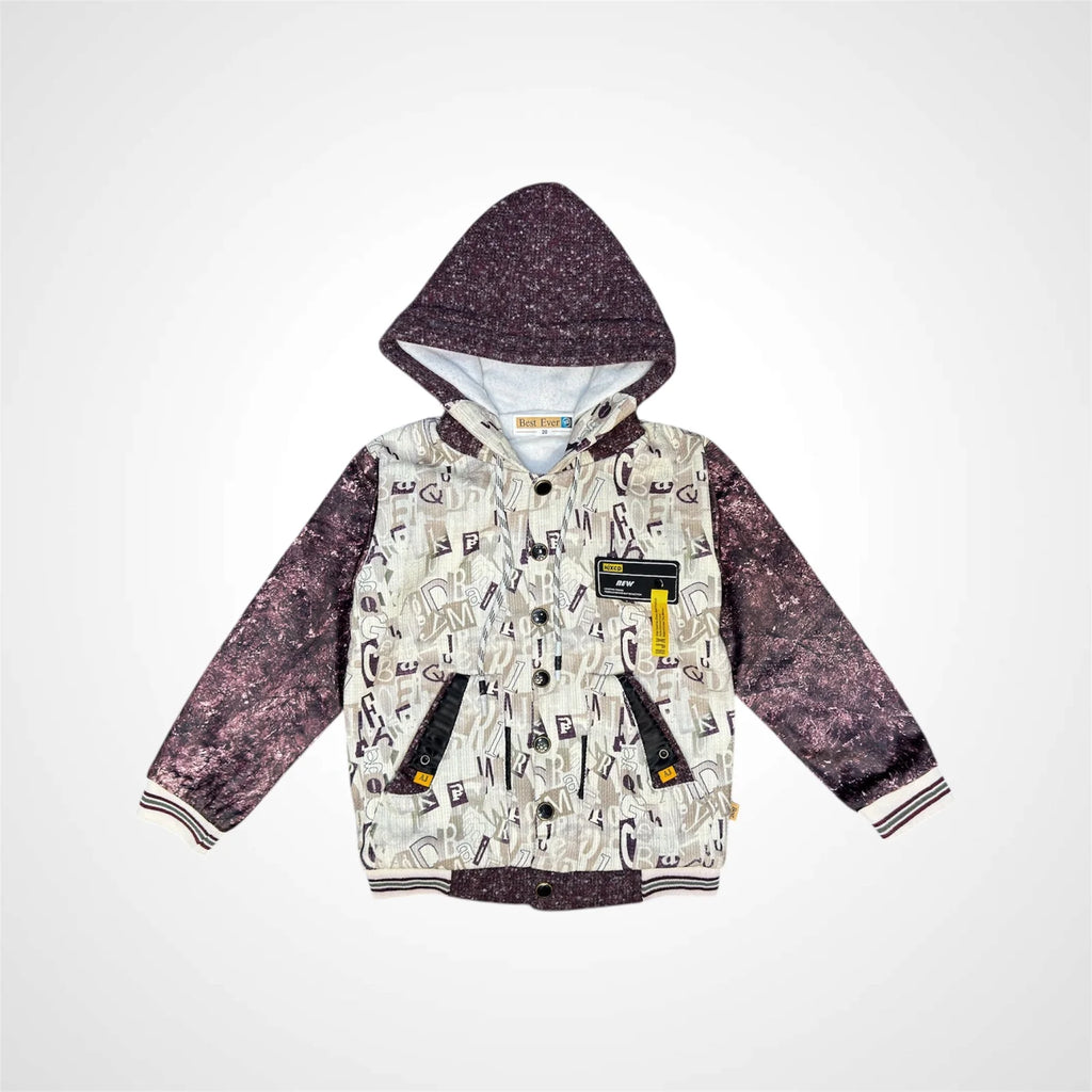 Kids' Urban Letter Themed Hooded Varsity Jacket - Speckle Sleeves