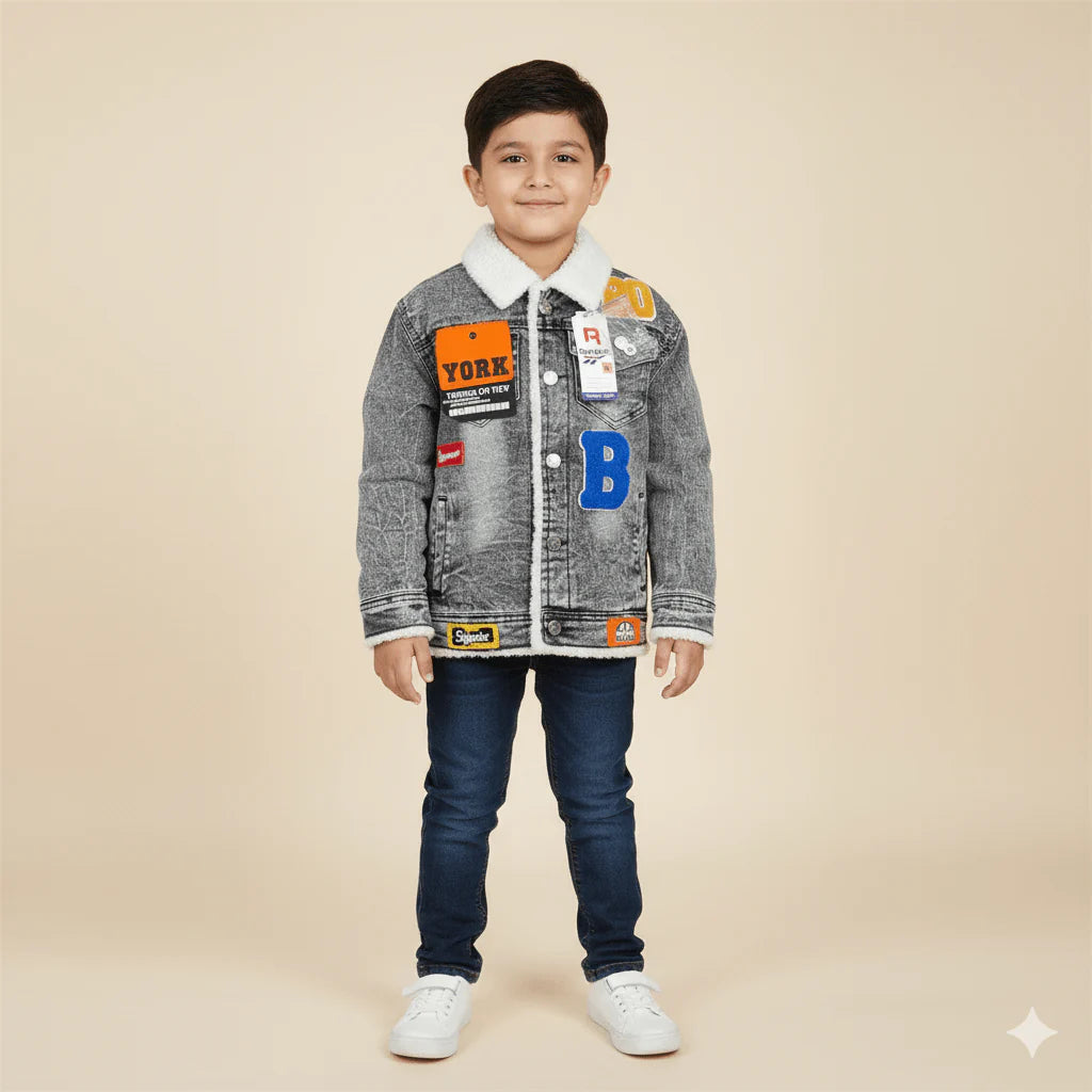 Kids' Sherpa-Lined Denim Trucker Jacket with Varsity Patches | Cozy Faux Fur Collar & Letterman Style