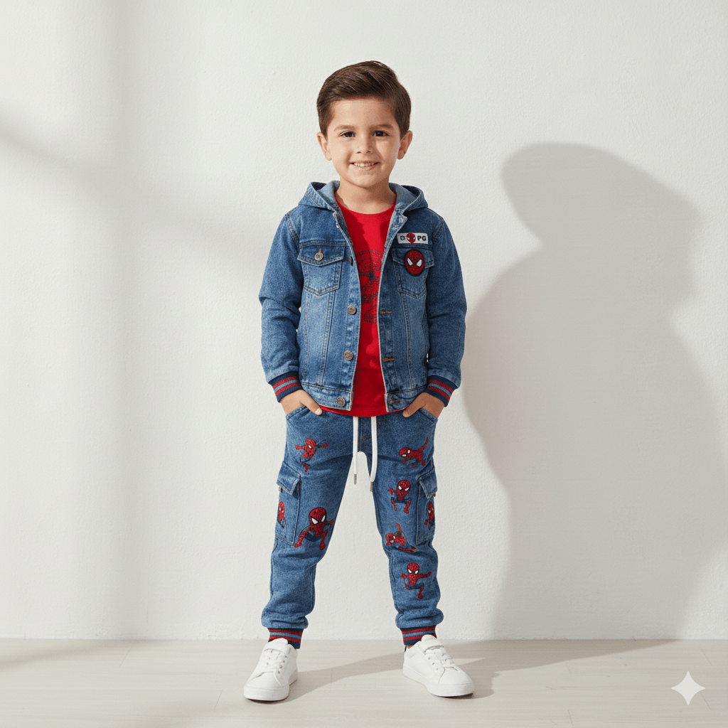 Kids SuitsATM JEANSoption1Kids Spider - Man Hooded Denim Suit – Jacket and Pants Set for Boys - ATM JEANS