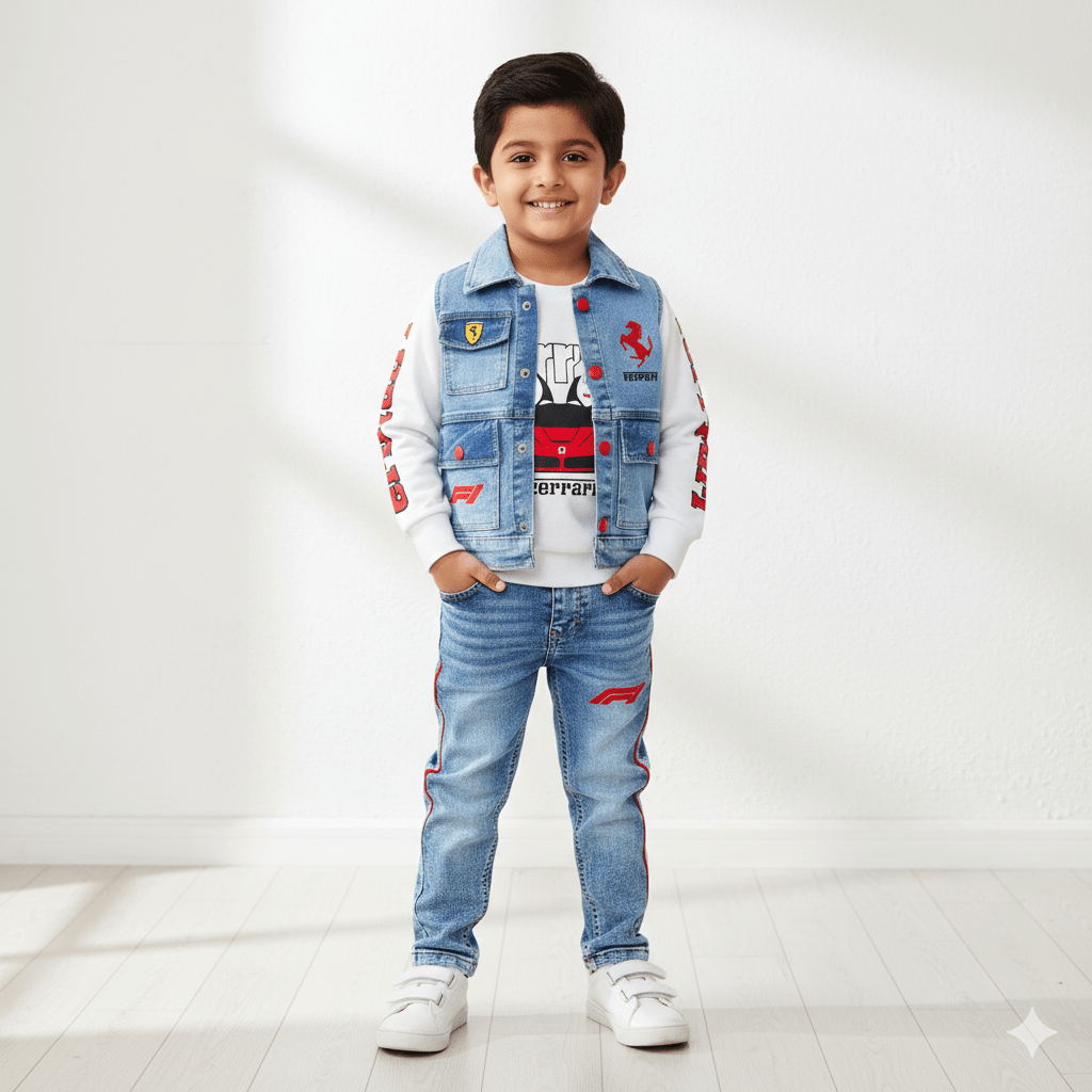 Kids SuitsATM JEANSoption1Kids' Faux Denim Vest & Tee with Ferrari Style Jeans - ATM JEANS