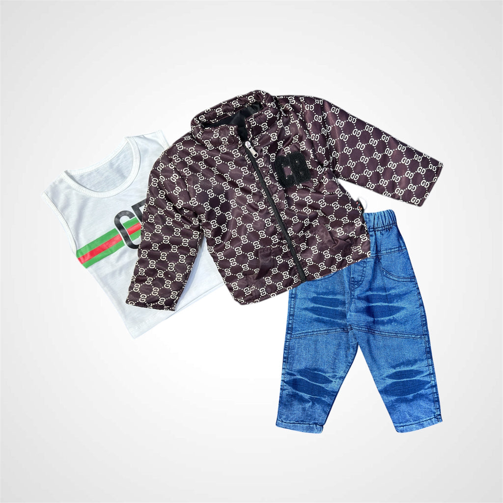 Kids SuitsATM JEANSoption1Kids' Trendy Monogram Printed Jacket & Classic Denim Jeans Set (3 - Piece Outfit) - ATM JEANS