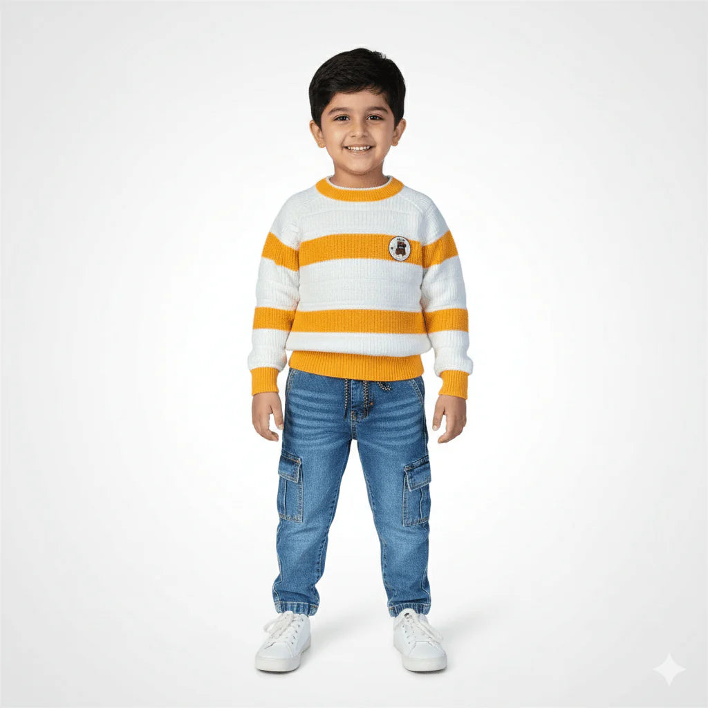 Boys' Warm Multi-Stripe Sweater and Blue Denim Cargo Jeans Set