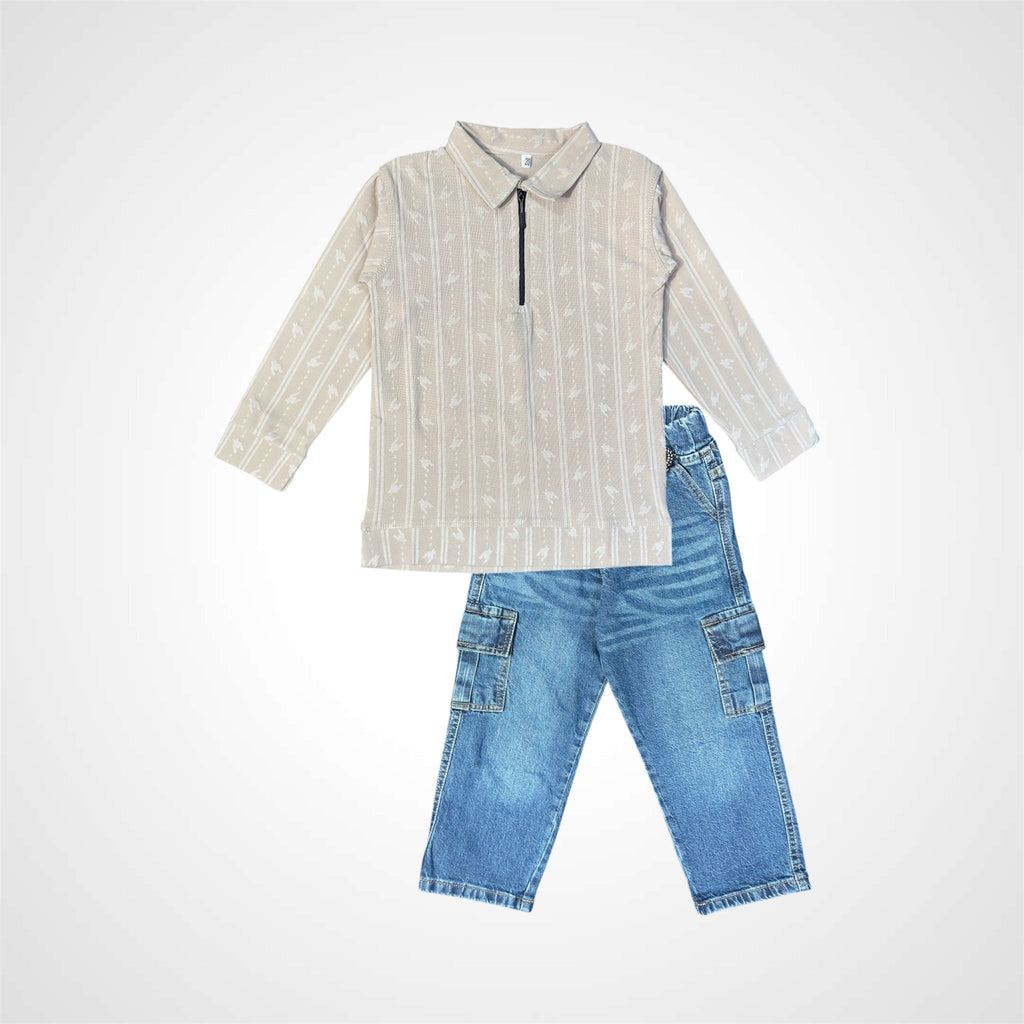 Kids SuitsATM JEANSoption1Stylish Boys' Beige Patterned Zip - Up Shirt and Baggy Jeans Set - ATM JEANS