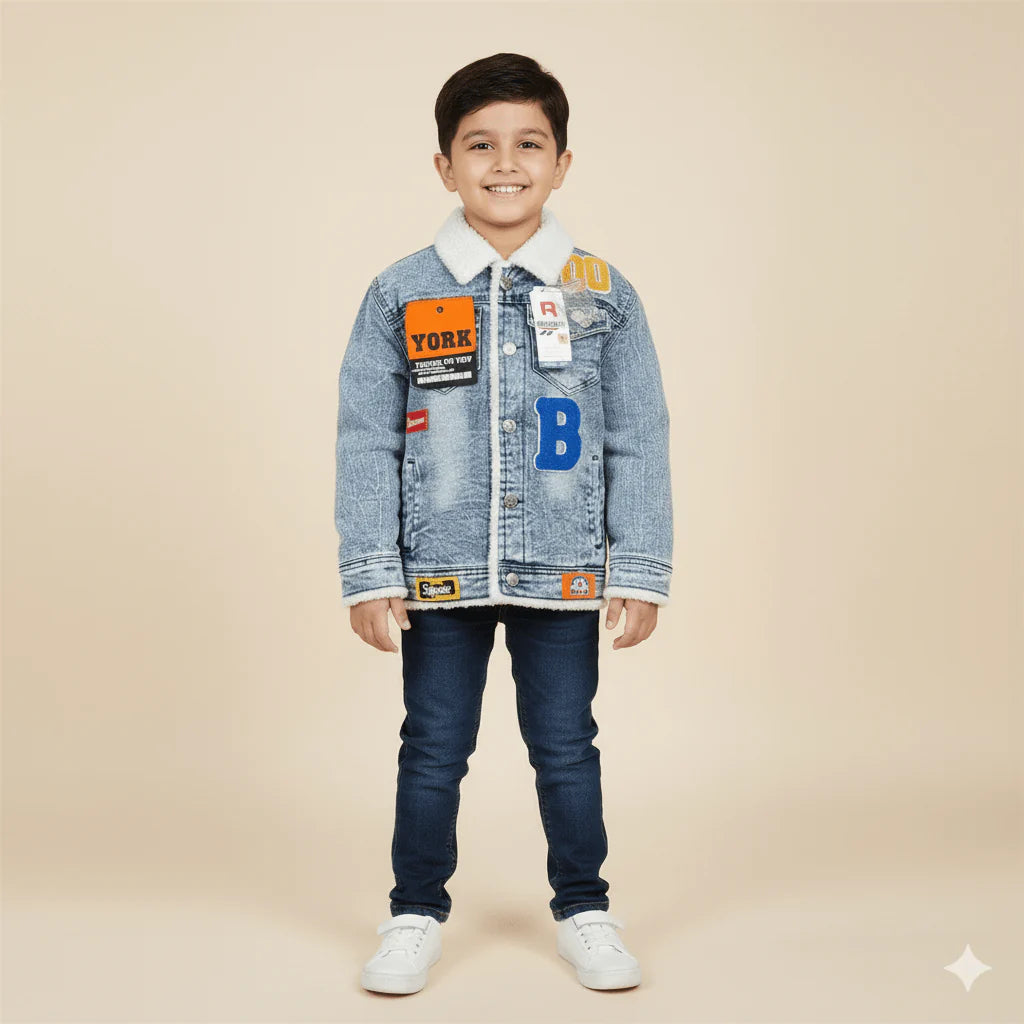 Kids' Sherpa-Lined Denim Trucker Jacket with Varsity Patches | Cozy Faux Fur Collar & Letterman Style