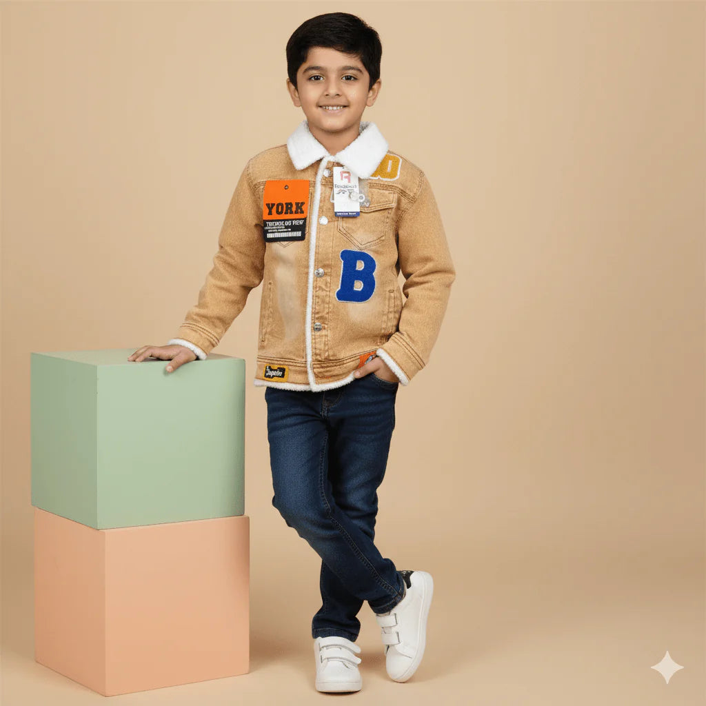 Kids' Sherpa-Lined Denim Trucker Jacket with Varsity Patches | Cozy Faux Fur Collar & Letterman Style
