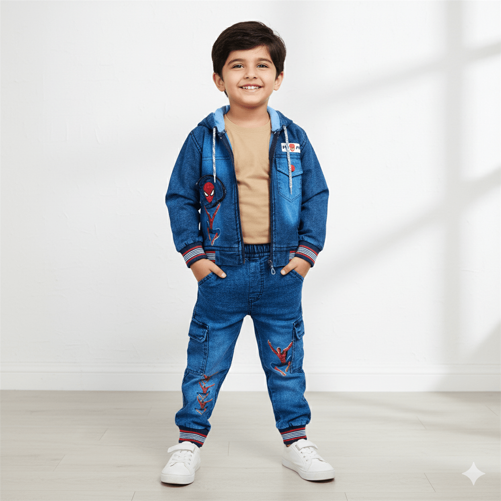 Kids SuitsATM JEANSoption1Kids Spider - Man Hooded Denim Suit – Jacket and Pants Set for Boys - ATM JEANS