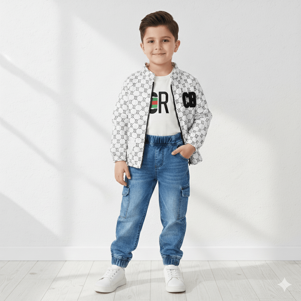 Kids SuitsATM JEANSoption1Kids' Trendy Monogram Printed Jacket & Classic Denim Jeans Set (3 - Piece Outfit) - ATM JEANS