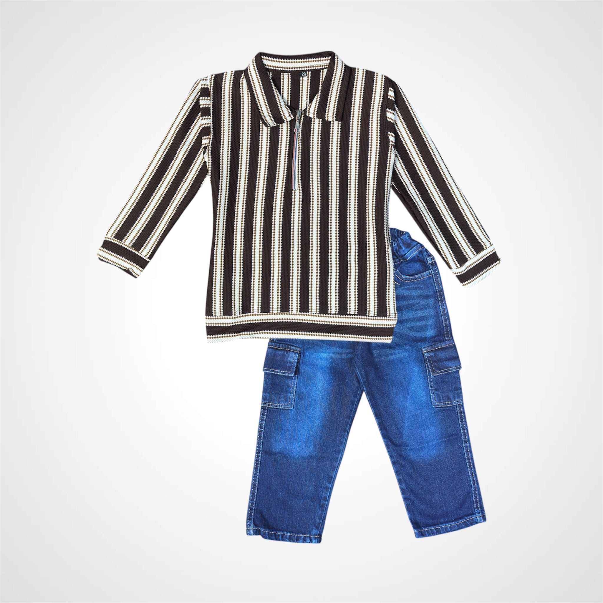 Kids SuitsATM JEANSoption1Stylish Striped Polo Shirt & Cargo Jeans Set for Boys - ATM JEANS