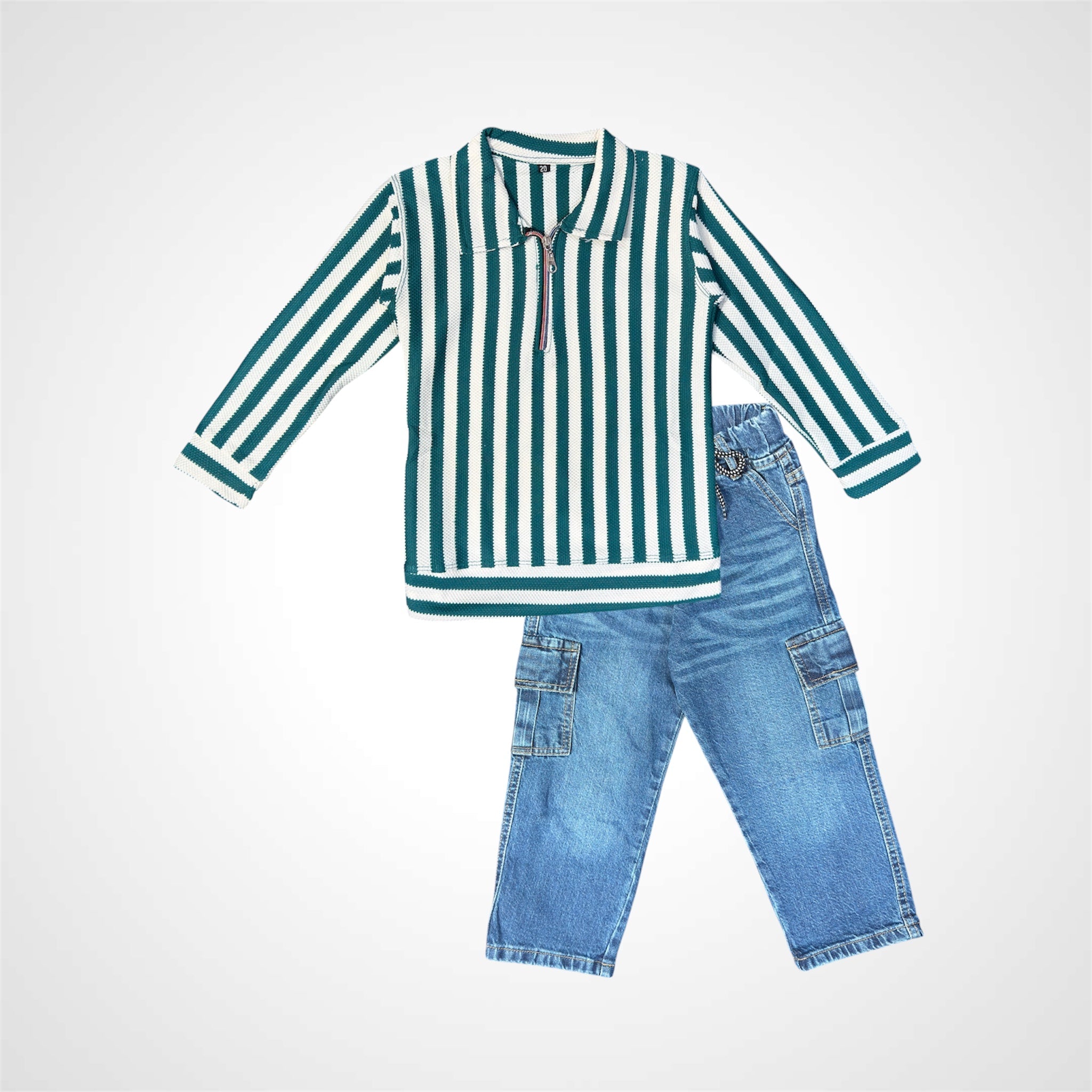 Kids SuitsATM JEANSoption1Stylish Striped Polo Shirt & Cargo Jeans Set for Boys - ATM JEANS
