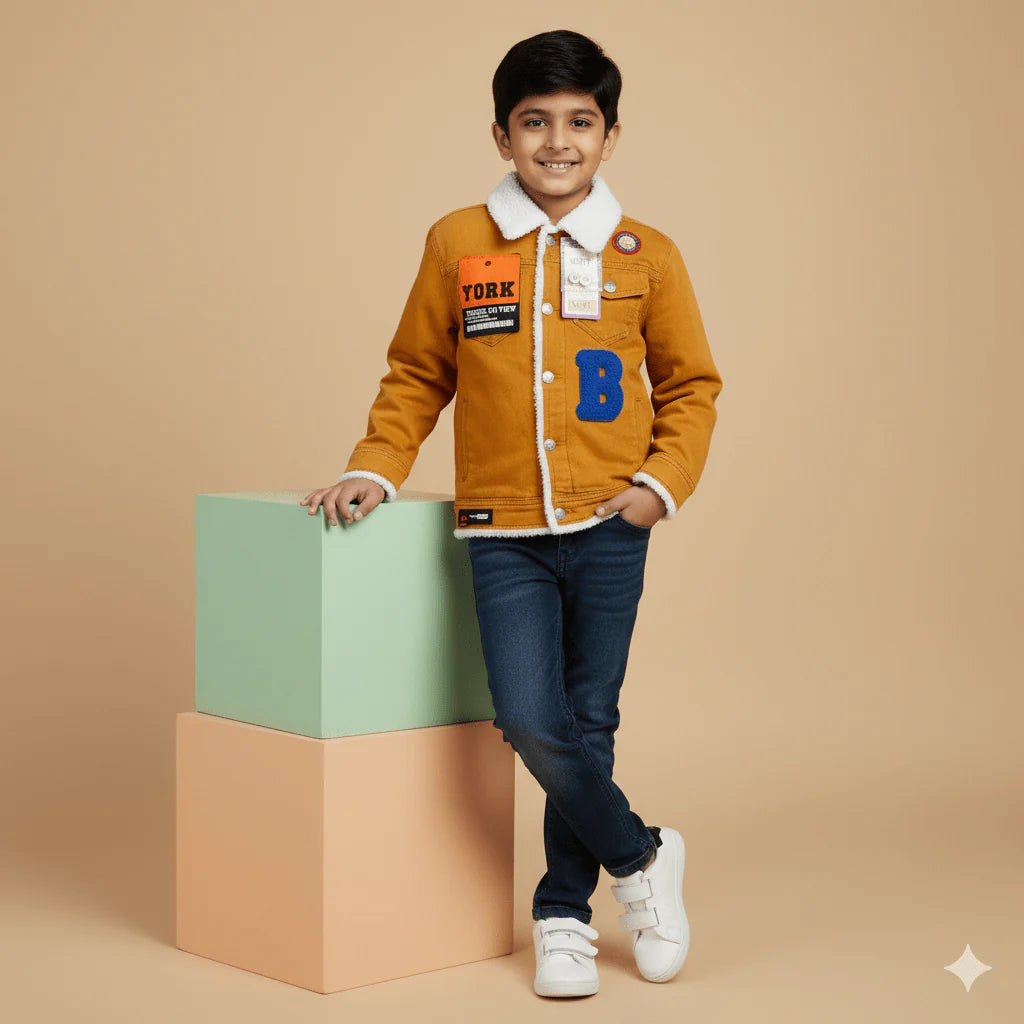 Kids' Sherpa-Lined Denim Trucker Jacket with Varsity Patches | Cozy Faux Fur Collar & Letterman Style