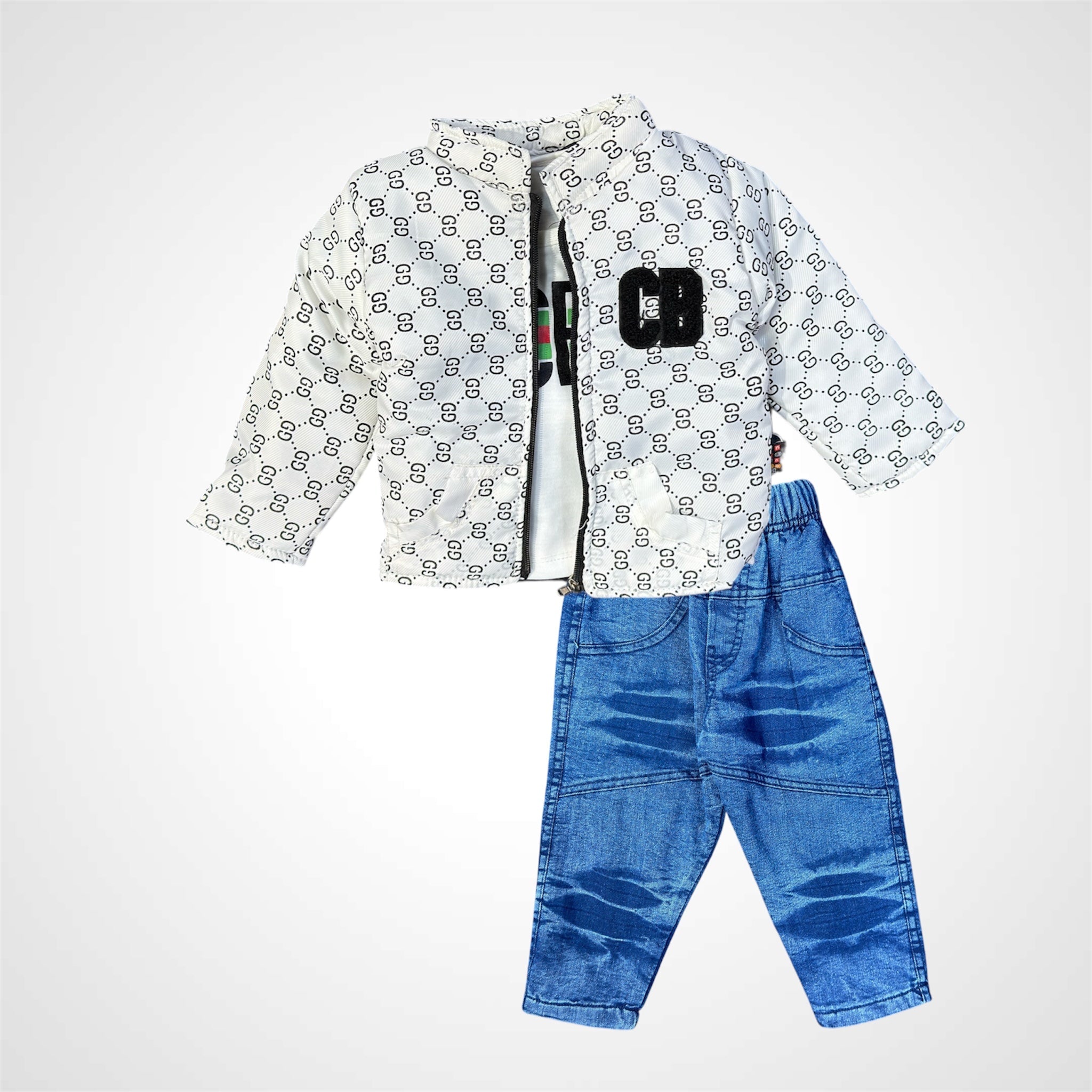 Kids SuitsATM JEANSoption1Kids' Trendy Monogram Printed Jacket & Classic Denim Jeans Set (3 - Piece Outfit) - ATM JEANS